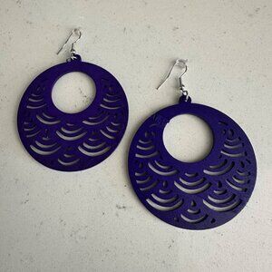 Purple Wooden Circle Dangle Earrings With Wave Cutout Design